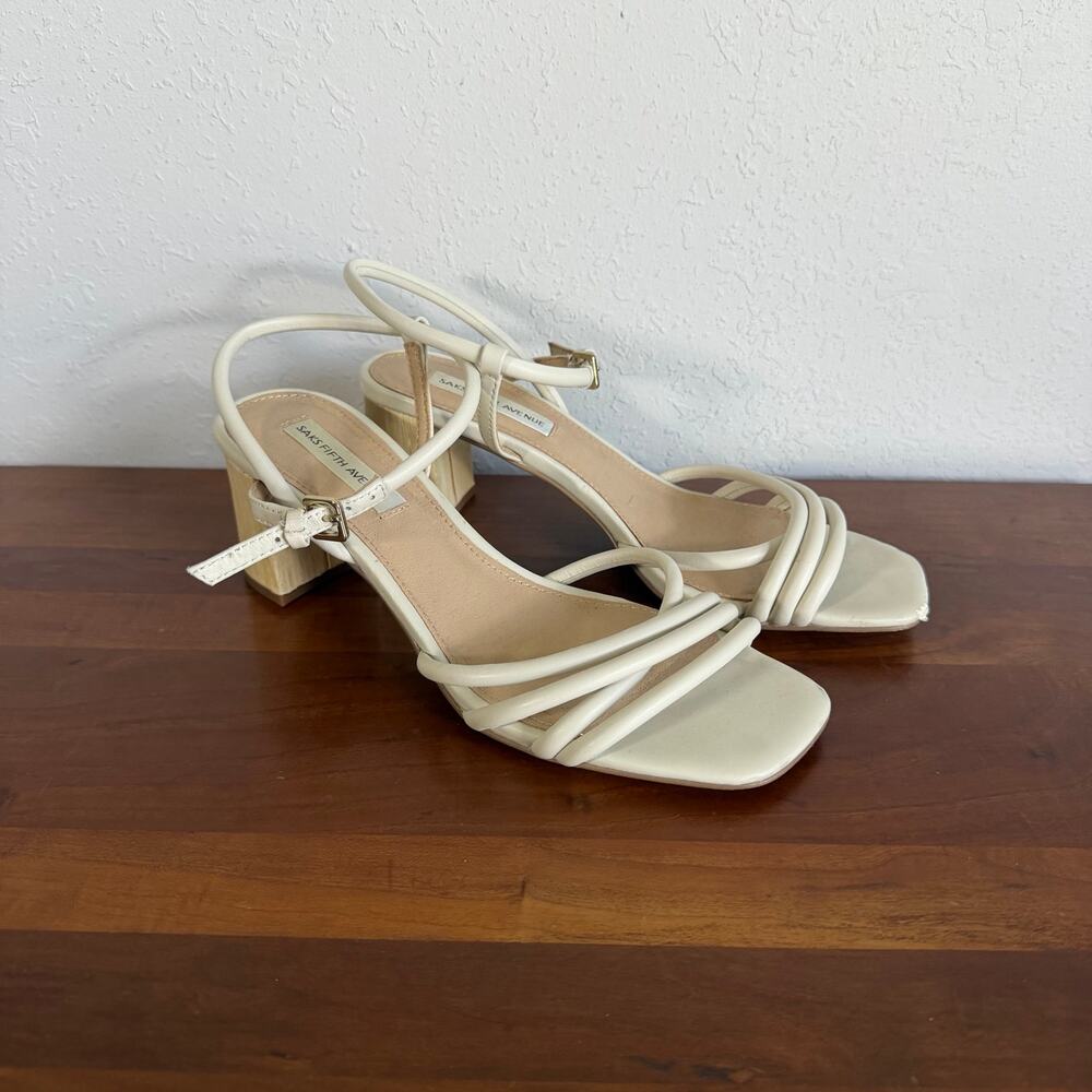 Saks Fifth Avenue Blythe Cream Leather Strappy Block Heel Sandal Womens 6.5
